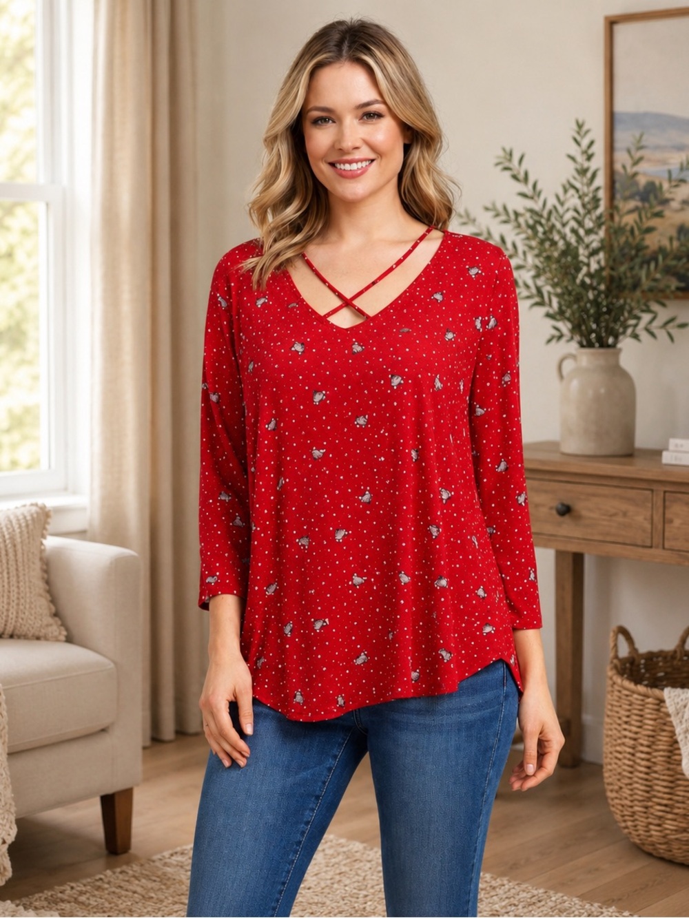 Sweet Rain Red Fox Print Blouse XL | Polka Dot Crisscross V-Neck Top. Ptp 20